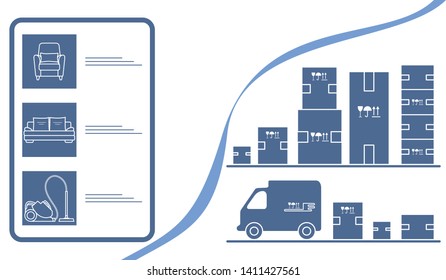 Vector illustration with order goods online. Warehouse, delivery. Cargo Delivery. Online store.  Shopping.
