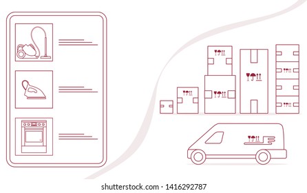 Vector illustration with order goods online. Warehouse, delivery. Cargo Delivery. Online store.  Shopping.