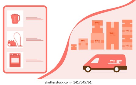 Vector illustration with order goods online. Warehouse, delivery. Cargo Delivery. Online store.  Shopping.