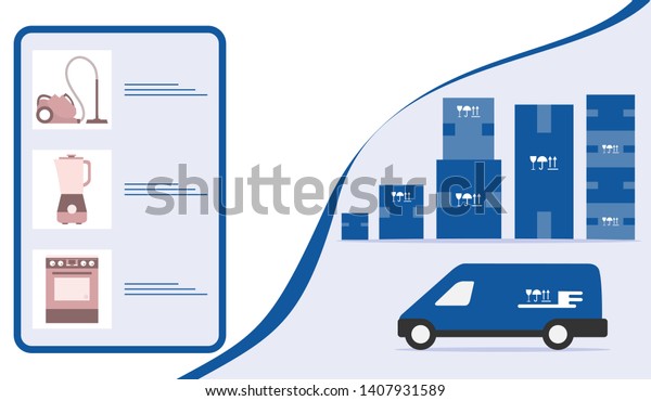 Vector illustration\
with order goods online. Warehouse, delivery. Cargo Delivery.\
Online store. \
Shopping.
