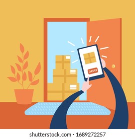 Vector illustration Order no contact delivery. Person makes purchase online and receives the boxes near apartment door. Non-contact express delivery service. Self isolation and quarantine lifestyle.
