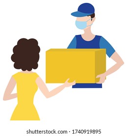 Vector illustration of the order transfer. Home delivery. A courier in a cap and t-shirt passes a woman a box of things. Design for a website, postcards, and banners.