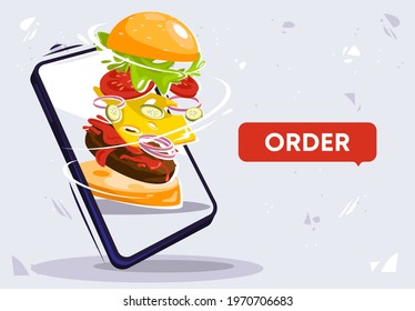 Vector illustration of ordering a burger with your smartphone, burger in your phone