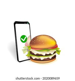 Ilustración vectorial de pedir una hamburguesa con tu smartphone, hamburguesa en tu teléfono. Aislado sobre un fondo blanco