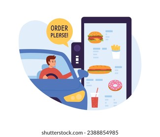 Vector illustration of ordering food through a drive-through window. Cartoon scene with a guy in a car ordering food through the window and saying order please isolated on white background. Fast food.