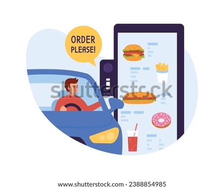 Vector illustration of ordering food through a drive-through window. Cartoon scene with a guy in a car ordering food through the window and saying order please isolated on white background. Fast food.
