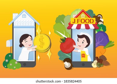 Vektorgrafik der Bestellung und Verkauf von veganischen Produkten online Mit thailändischen und chinesischen Schriftzeichen bedeutet" vegetarisch".