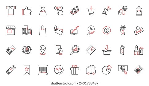 Vector illustration ored black thin line icons set for business internet technology for commerce, discount gifts, price tag payment in retail store, basket cart with food, mobile app interface symbols