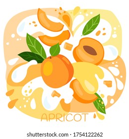 vector illustration of an organic apricot milkshake or fruit drink. ripe apricot fruits with splash of milk and bright fresh apricot juice background. eco concept for a natural apricot smoothie label.