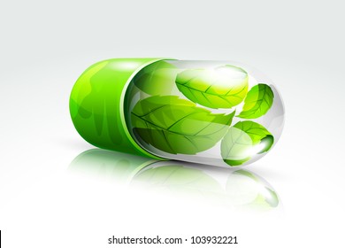 vector illustration of organic capsule with green leaf inside