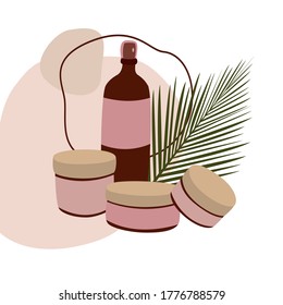 
Vector illustration of organic cosmetics in jars. Abstract background.