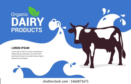 Vector illustration of organic dairy products with cow, full jug of milky drink,milk waves with drops. Template design for farmers market, banner, booklet,prints, flyer, landing page, website,blog pos