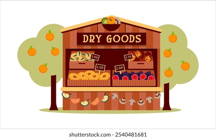 Ilustración vectorial de Tienda de Frutas Secas Orgánicas para el Mercado Local
En un estilo plano