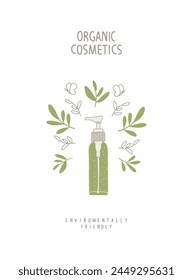 Vector illustration of organic essence with green leaves.Organic Cosmetics. Environmentally friendly planet concept. Think Green.