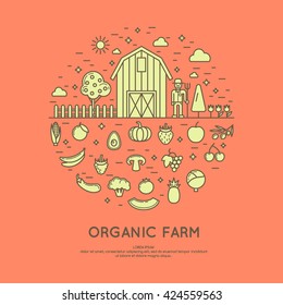 Vector illustration of organic farm. Design elements, vegetables and fruits in modern linear graph.