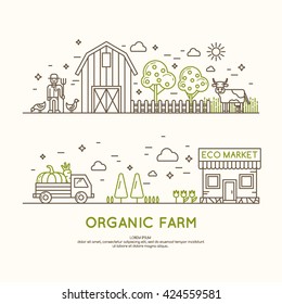 Vector illustration of organic farm. Design elements, vegetables and fruits in modern linear graph.