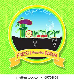 Vector illustration with organic farm logo concept. Organic food emblem, sticker, badge natural fruits and vegetables.  Fresh healthy eating background. 
