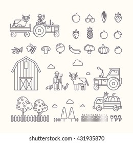 Vector illustration of organic farm. Set design elements, vegetables and fruits in modern linear graph.
