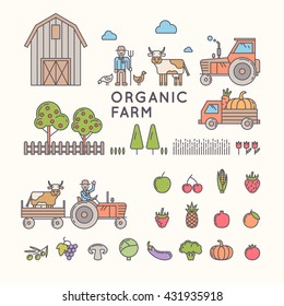 Vector illustration of organic farm. Set design elements, vegetables and fruits in modern linear graph.