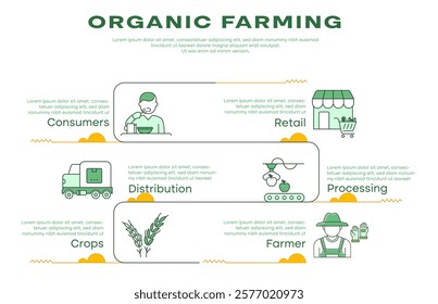 Vector illustration for organic farming process. Minimalist green-themed infographic with farmer, crops, processing, distribution, retail, and consumers.