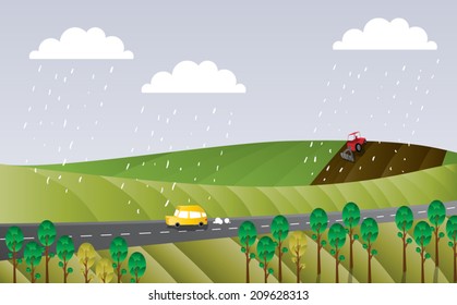 Vector illustration of the organic farming in the spring. Tractor plowing on the rainy day. Yellow car is passing by on the road.