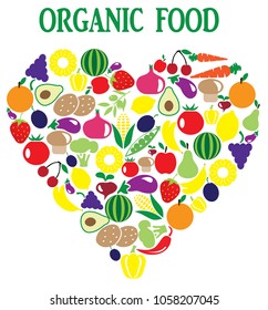 vector illustration of organic food fruits and veggies in the shape of a heart