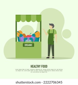 Vector illustration of an organic food market. Cartoon flat seller character selling fresh fruit and vegetables.
Local market stall selling food for vegetarians and organic food.