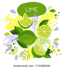 vector illustration of an organic fruit drink. ripe lime fruits with splash of bright fresh lime juice background. eco concept for a natural fruit smoothie label.