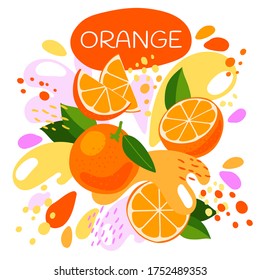 vector illustration of an organic fruit drink. ripe orange fruits with splash of bright fresh orange juice background. eco concept for a natural fruit smoothie label.