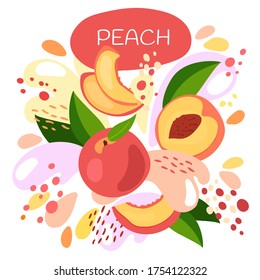 vector illustration of an organic fruit drink. ripe peach fruits with splash of bright fresh peach juice background. eco concept for a natural fruit smoothie label.
