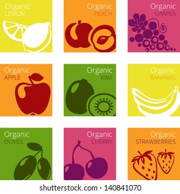 Vector illustration of Organic fruits labels: kiwi, bananas, olives, strawberries, apple; grapes; lemon; peach, cherry