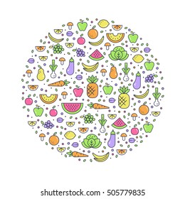 Vector illustration with organic fruits and vegetables. Healthy food concept made in mono line style.