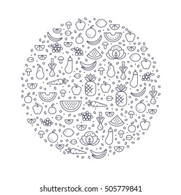 Vector illustration with organic fruits and vegetables. Healthy food concept made in mono line style.