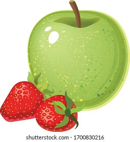 Vector illustration of organic green apple with strawberry isolated on white background