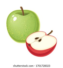 Vector illustration of organic green and red apple with slices isolated on white background