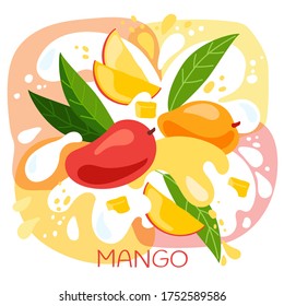 vector illustration of an organic mango milkshake or fruit drink. ripe mango fruits with splash of milk and bright fresh mango juice background. eco concept for a natural mango smoothie label.