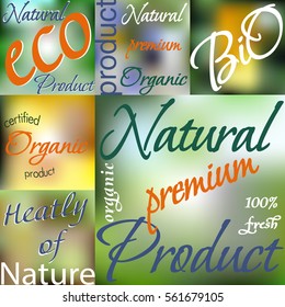 Vector illustration for organic products, eco-friendly food, subsistence farming. Organic food labels and elements. Set for food and drink.