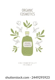 Vector illustration of organic shampoo with green leaves.Organic Cosmetics. Environmentally friendly planet concept. Think Green.