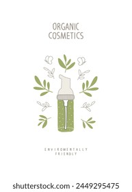 Vector illustration of organic tonic with green leaves.Organic Cosmetics. Environmentally friendly planet concept. Think Green.