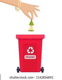 Vector illustration: organic waste throw out. Woman hand throwing away apple or pear stump in garbage container. Trash sorting concept. Colorful trash bin.