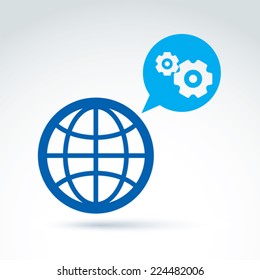 Vector illustration of an organization system, strategy concept. Cog-wheels and gears placed in a speech bubble. Global business and manufacturing process theme. Earth symbol.