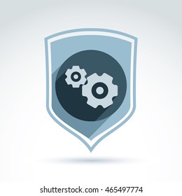 Vector illustration of an organization system, strategy concept. Cog-wheels and gears placed on a shield, manufacturing process security icon. Business and engineering idea. 