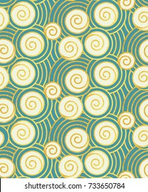 Vector illustration of oriental ancient seamless pattern of waves or clouds, real golden paint and metallic foil on mint green and blue with ivory beige colors