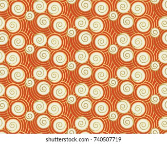 Vector illustration of oriental ancient seamless pattern of waves or clouds, real golden paint and metallic foil on red, decoration for Chinese New Year