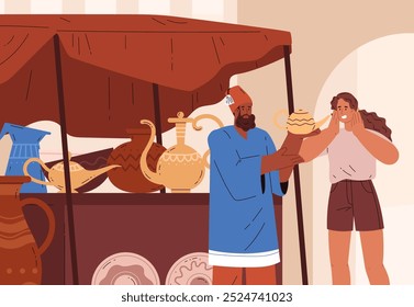 Ilustración vectorial de un bazar oriental donde un comerciante en una tienda vende cerámica de arcilla a un turista. Un vendedor masculino de ropa tradicional ofrece bienes a una turista. Estilo plano de la historieta.