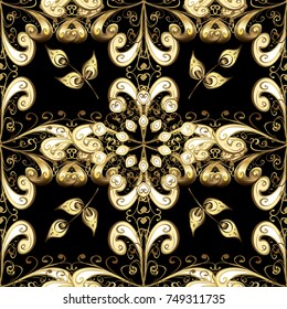 Vector illustration. Oriental vector classic black, beige and brown and golden pattern. Seamless abstract background.