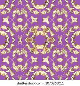 Vector illustration. Oriental vector classic violet, white and brown and golden pattern. Seamless abstract background.