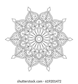 Vector illustration of oriental flower outline mandala. Floral and zentangle stylization. Background, coloring page, print, tattoo design