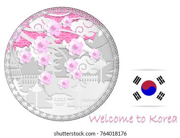 Vector illustration with oriental frame for winter sport games in PyeongChang 2018 in South Korea. Layout, design of banner, billboards, brochure, advertising posters for website or print. 