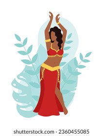 Imagen vectorial de una chica oriental bailando un baile del vientre con un traje tradicional